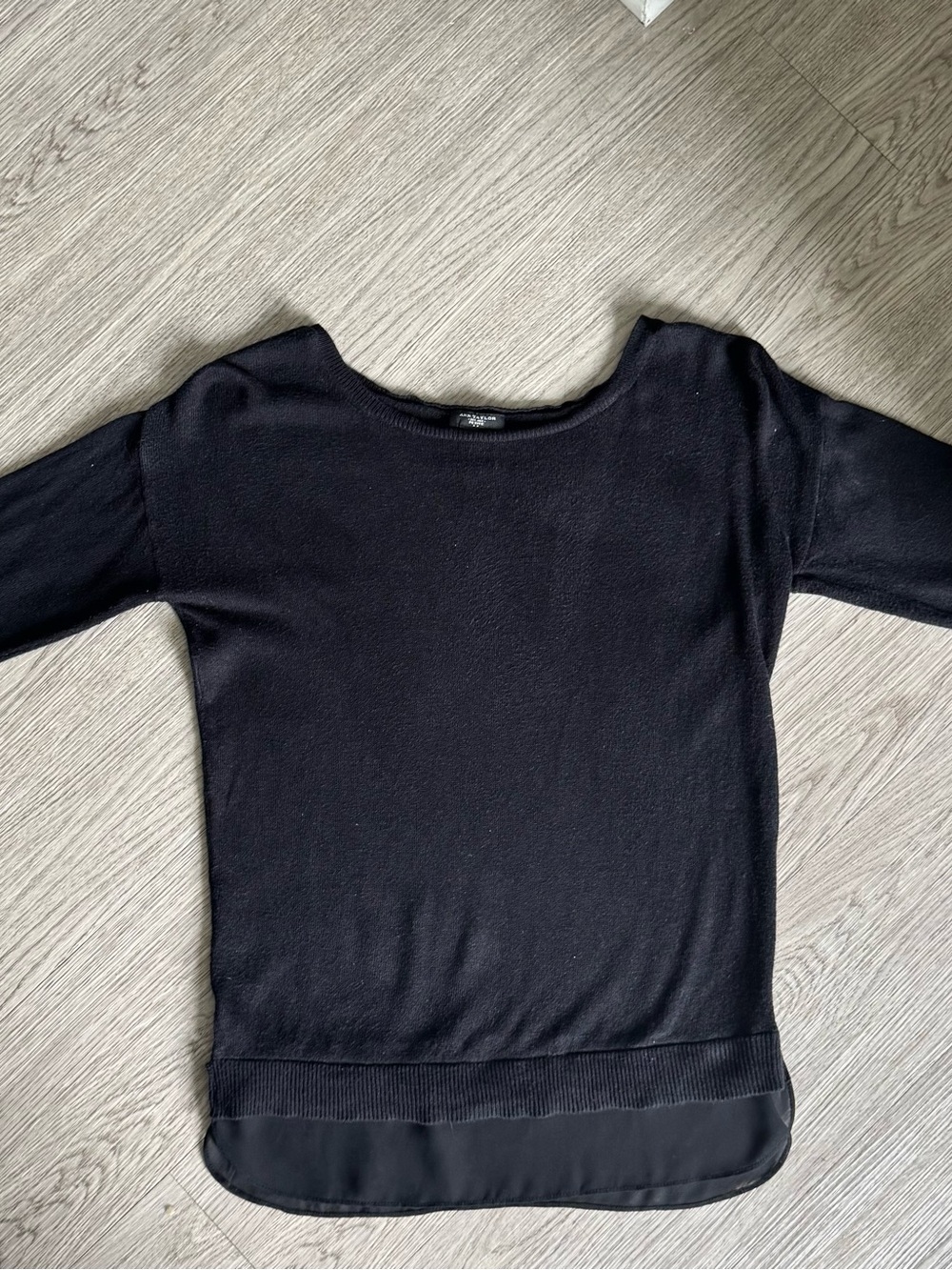 Ann Taylor Black Short-Sleeve Knit Top with Sheer Hem Panel